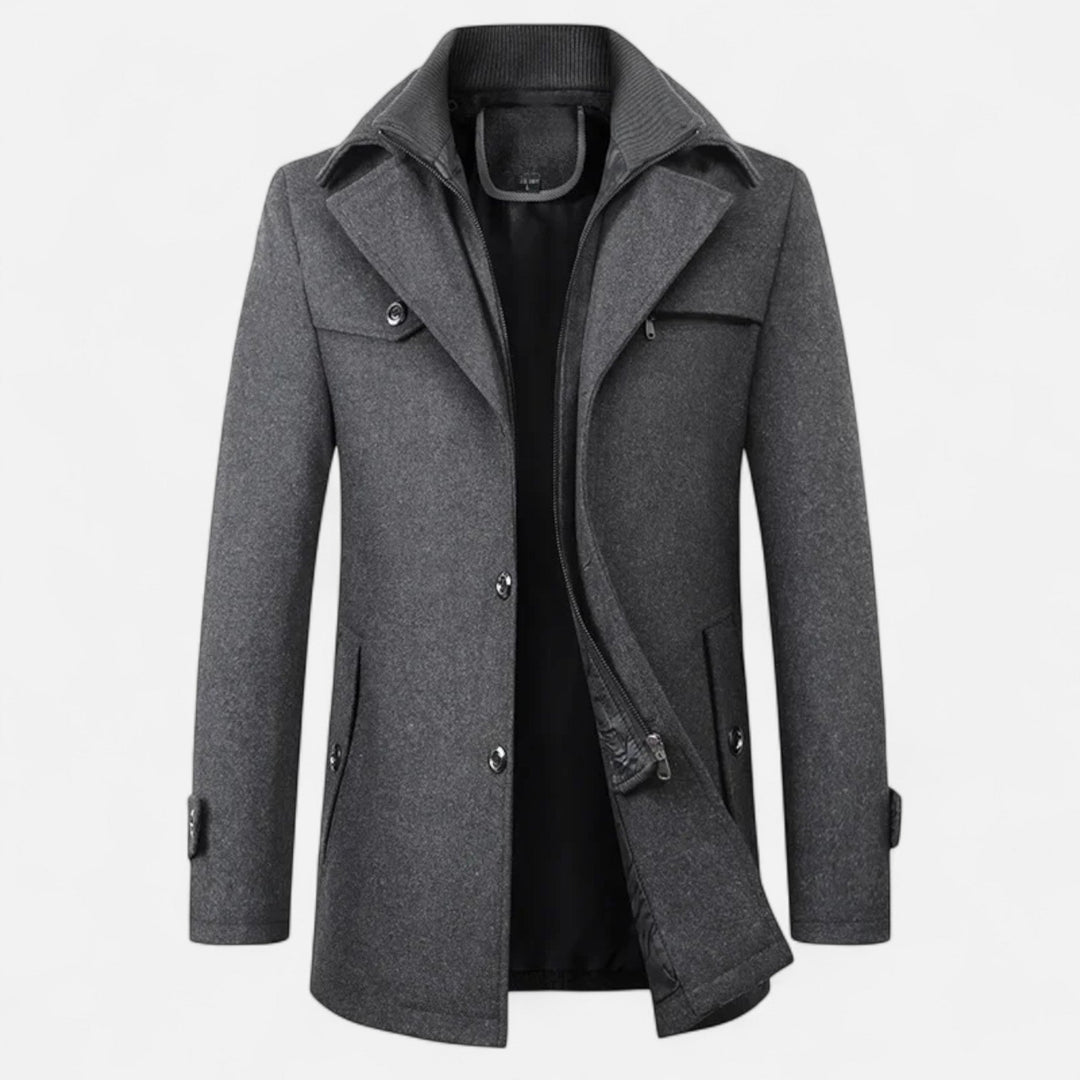 Men's long coat with stand collar, zip and button front, and multiple pockets