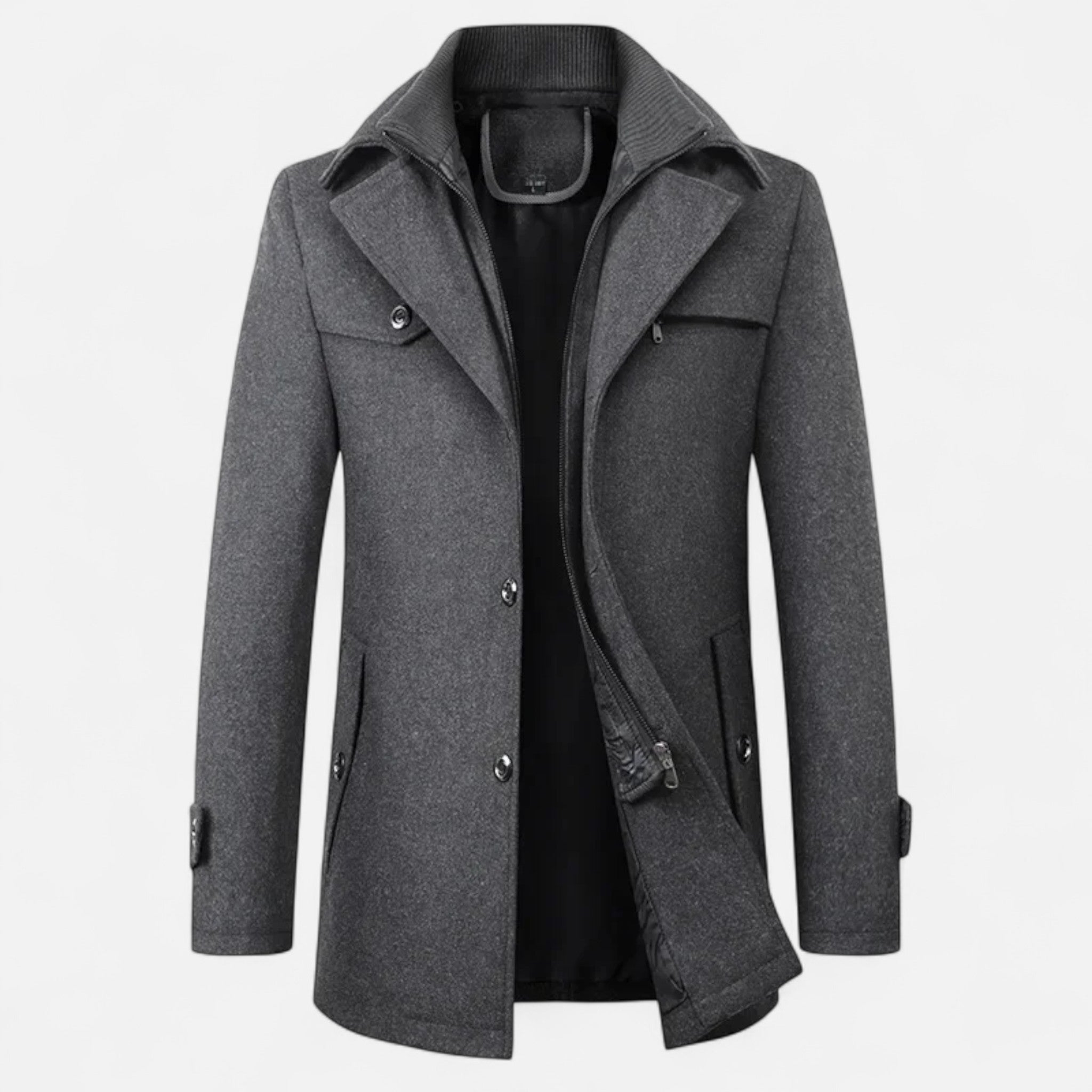 Men's long coat with stand collar, zip and button front, and multiple pockets
