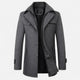 Men's long coat with stand collar, zip and button front, and multiple pockets