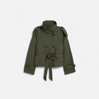 Women's short belted trench jacket with high collar and button front