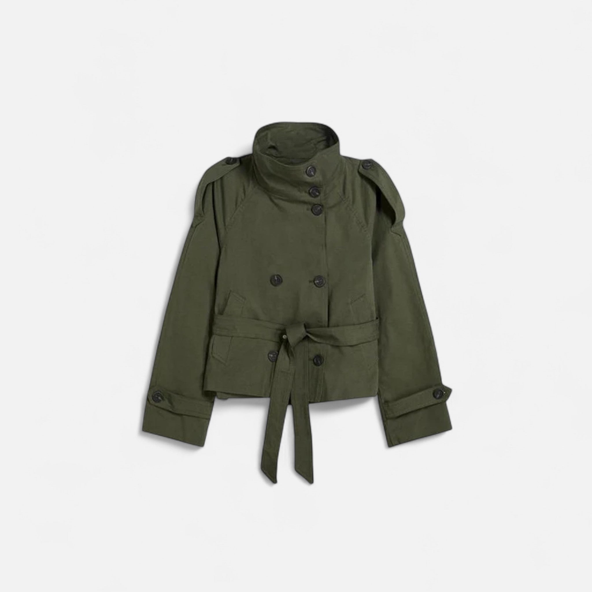 Women's short belted trench jacket with high collar and button front