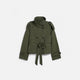 Women's short belted trench jacket with high collar and button front