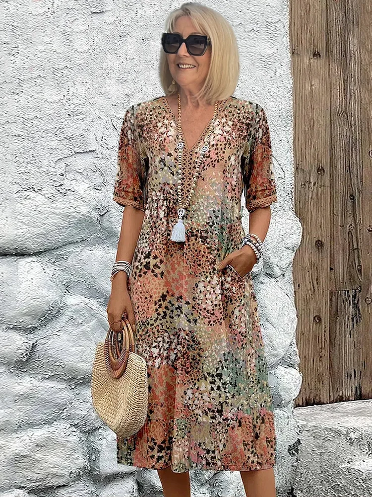 Women's multicoloured floral midi dress with V-neck, short sleeves and pockets