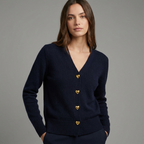 Women's V-neck cardigan with gold heart buttons and long sleeves