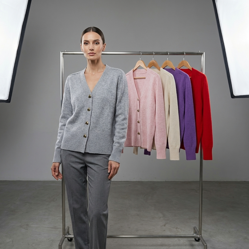 Women's V-neck cardigan with long sleeves and gold heart buttons