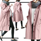 Women's hooded button-front trench coat with long sleeves and side pockets