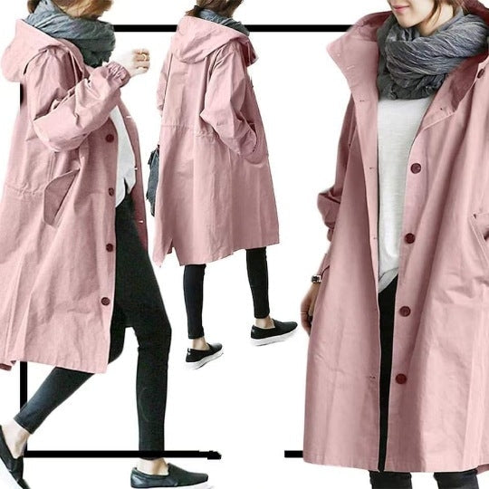 Women's hooded button-front trench coat with long sleeves and side pockets