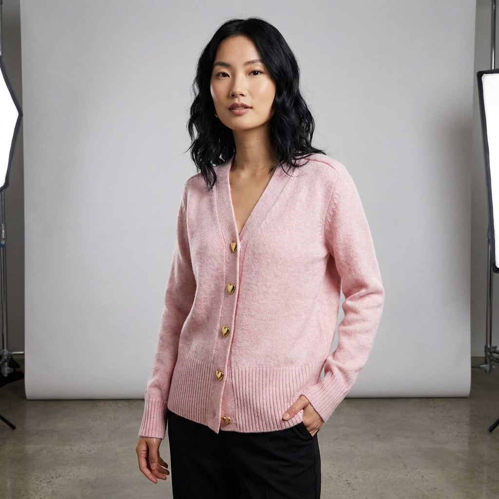 Women's V-neck cardigan with long sleeves and gold heart buttons