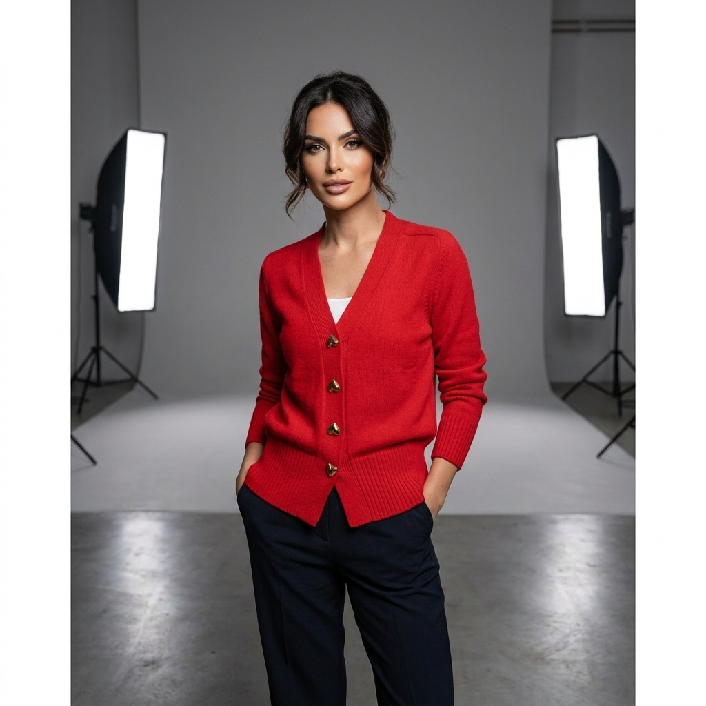 Women's V-neck cardigan with gold heart buttons and long sleeves