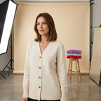 Women's V-neck cardigan with long sleeves and gold heart buttons