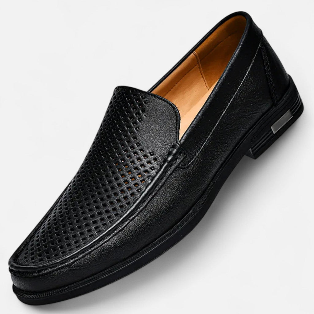 Men's perforated brown moc toe slip-on loafer with low heel