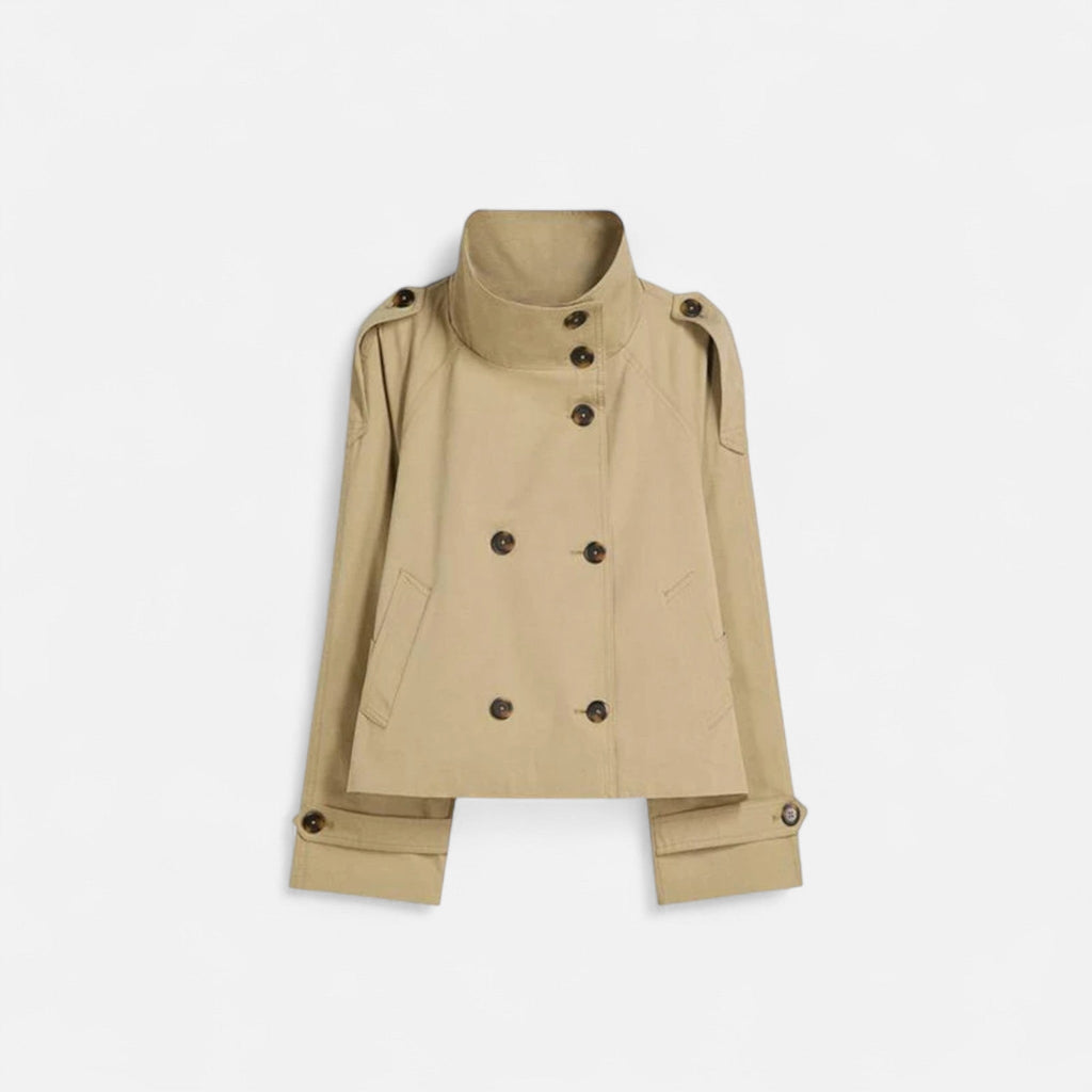 Women's short belted trench jacket with high collar and button front