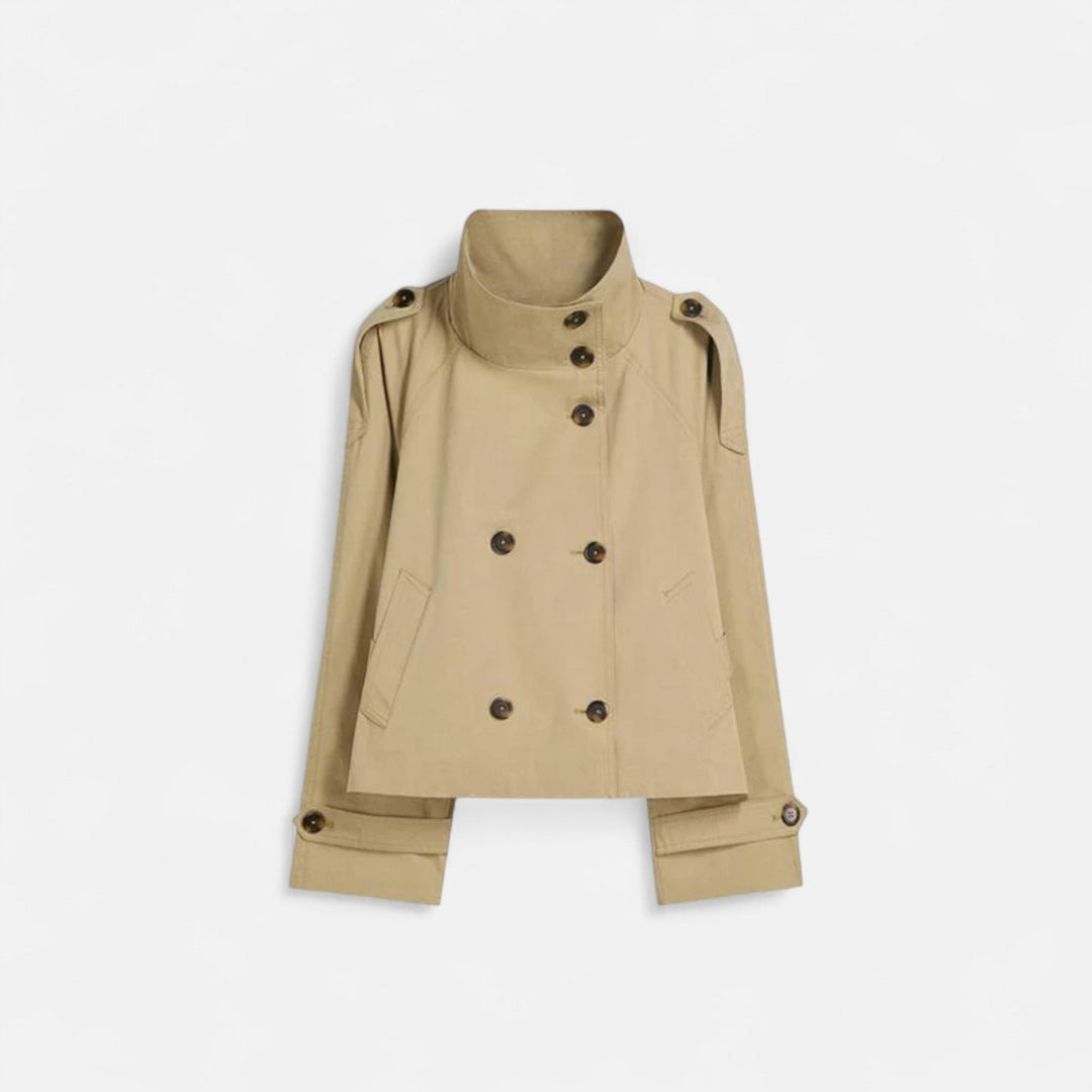 Women's short belted trench jacket with high collar and button front