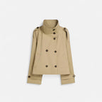 Women's short belted trench jacket with high collar and button front