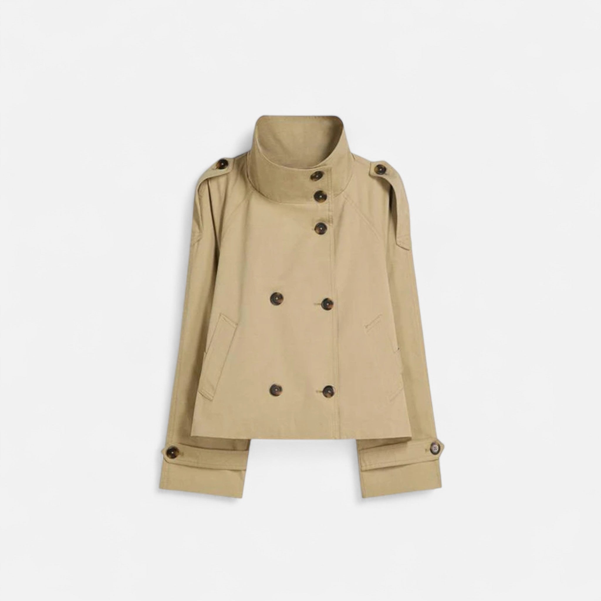 Women's short belted trench jacket with high collar and button front