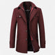 Men's long coat with stand collar, zip and button front, and multiple pockets