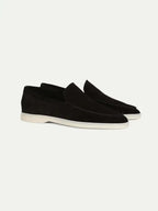 Men's suede yacht loafers with moc toe stitching and flat soles