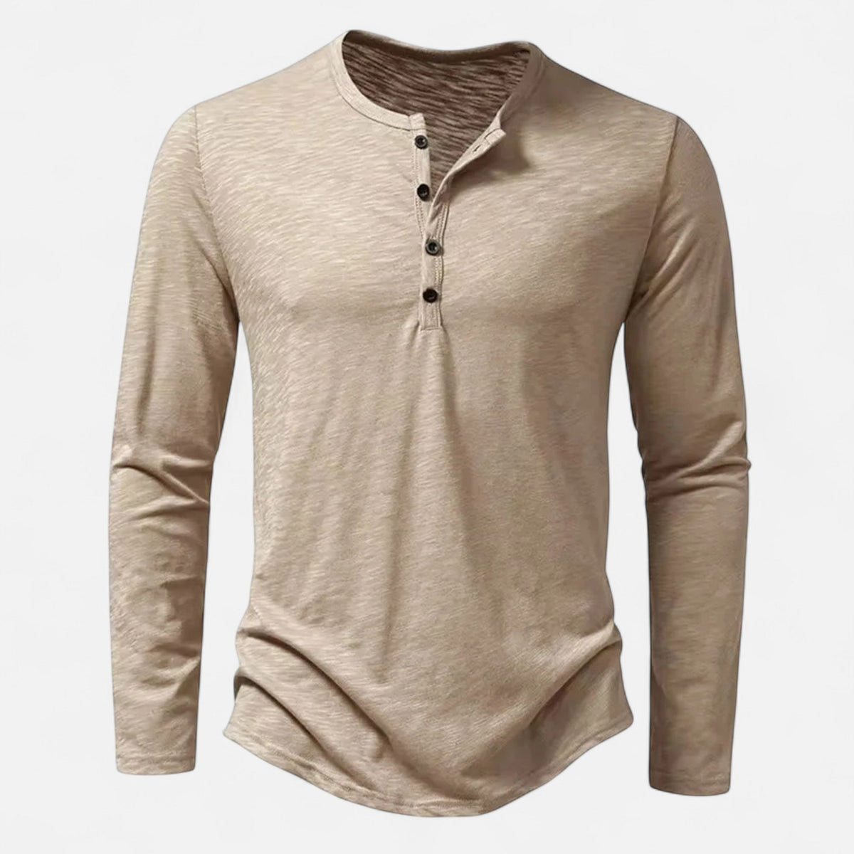 Men's long sleeve Henley shirt with split neckline, button placket and curved hem