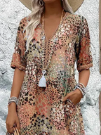 Women's multicoloured floral midi dress with V-neck, short sleeves and pockets