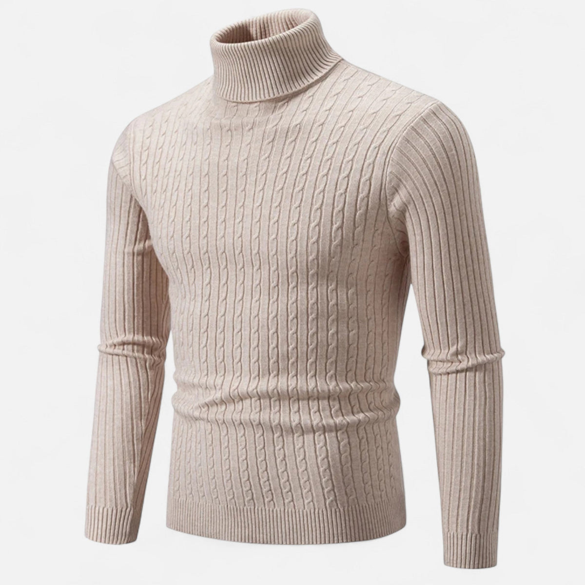 Men's cable knit turtleneck sweater with long sleeves and ribbed trims