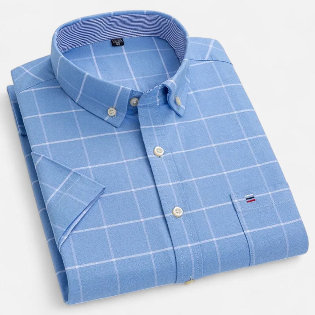 Men's short sleeve gingham shirt with button-down collar