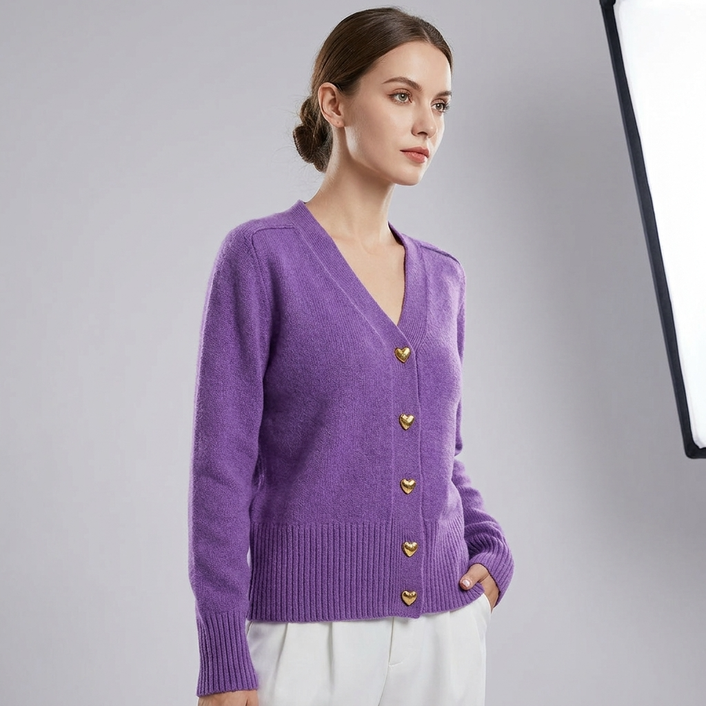 Women's V-neck cardigan with gold heart buttons and long sleeves