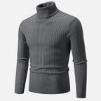 Men's cable knit turtleneck sweater with long sleeves and ribbed trims