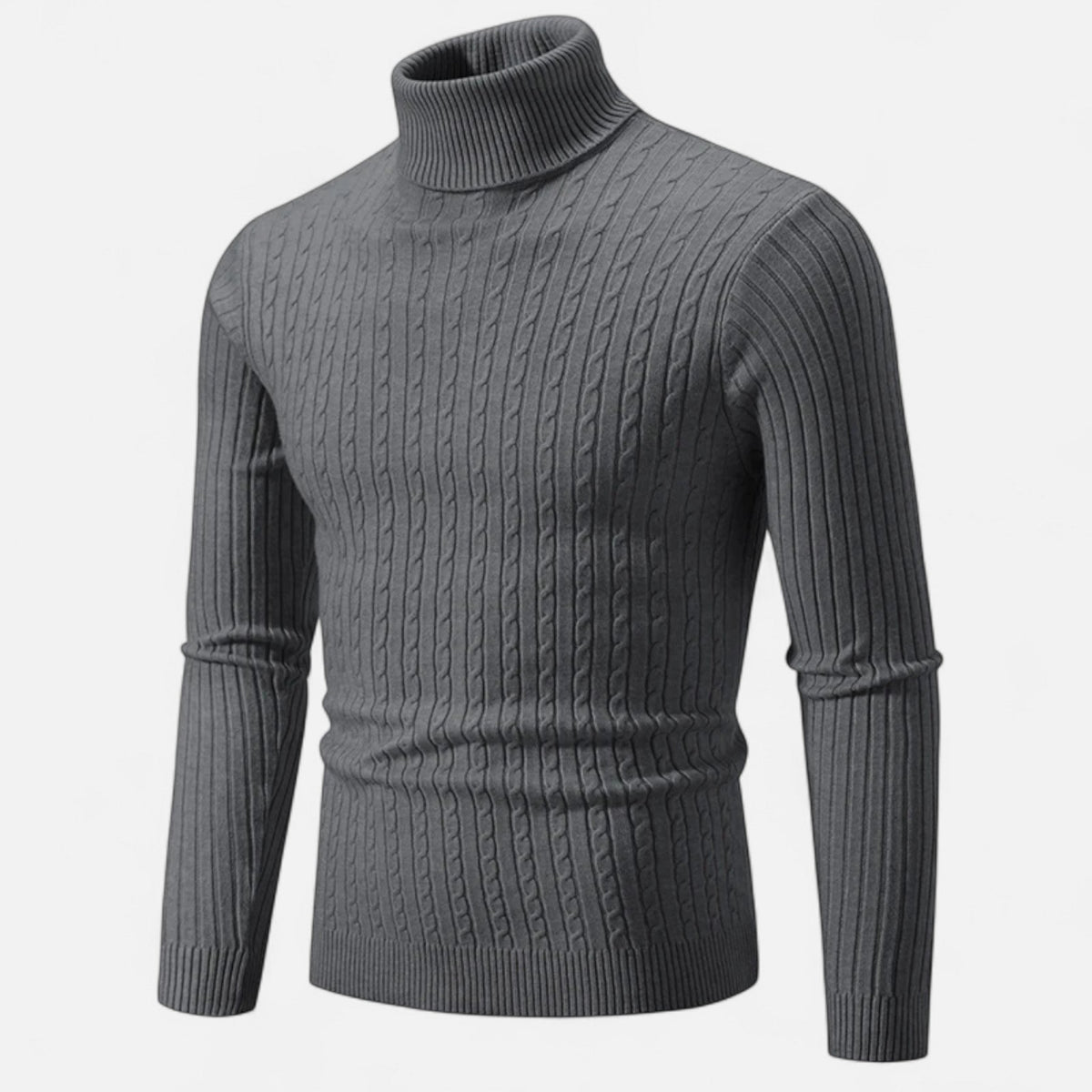 Men's cable knit turtleneck sweater with long sleeves and ribbed trims