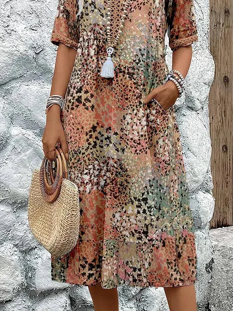 Women's multicoloured floral midi dress with V-neck, short sleeves and pockets