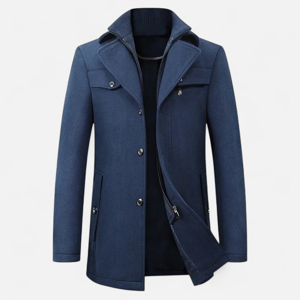 Men's long coat with stand collar, zip and button front, and multiple pockets
