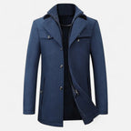 Men's long coat with stand collar, zip and button front, and multiple pockets