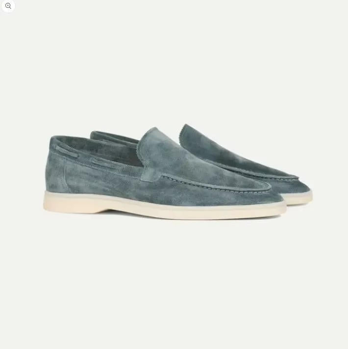Men's suede yacht loafers with moc toe stitching and flat soles