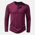 Men's long sleeve Henley shirt with split neckline, button placket and curved hem