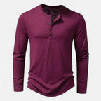 Men's long sleeve Henley shirt with split neckline, button placket and curved hem
