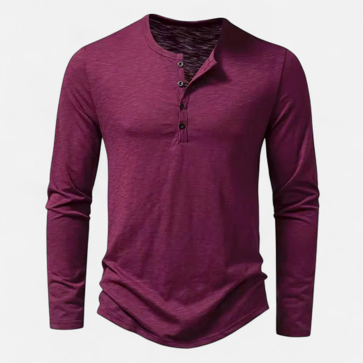 Men's long sleeve Henley shirt with split neckline, button placket and curved hem