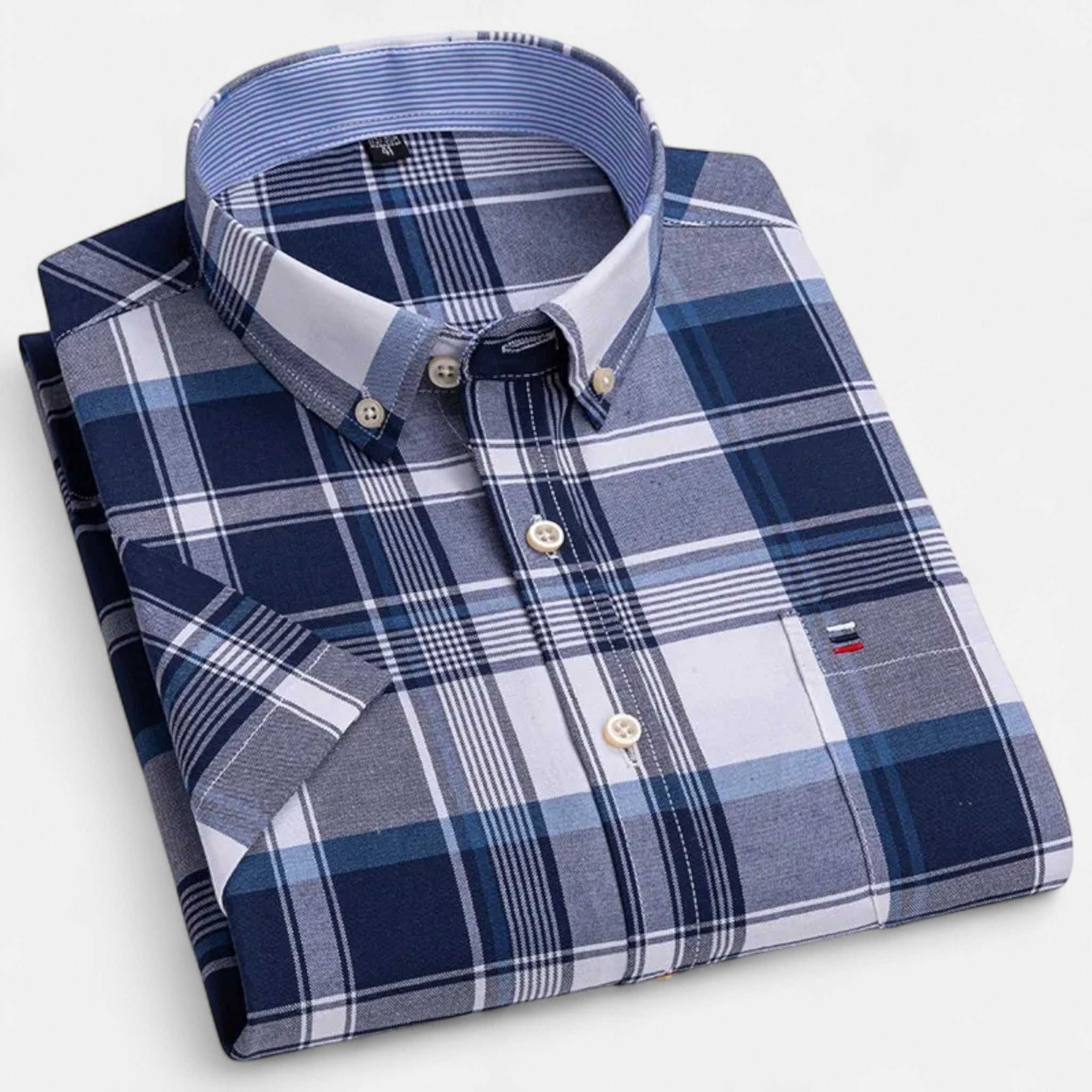 Men's short sleeve gingham shirt with button-down collar