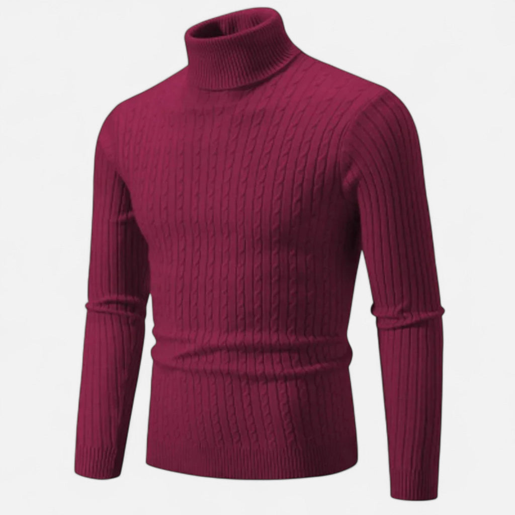 Men's cable knit turtleneck sweater with long sleeves and ribbed trims