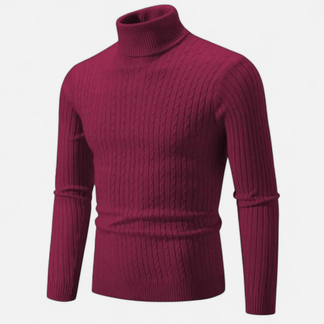 Men's cable knit turtleneck sweater with long sleeves and ribbed trims