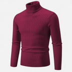 Men's cable knit turtleneck sweater with long sleeves and ribbed trims