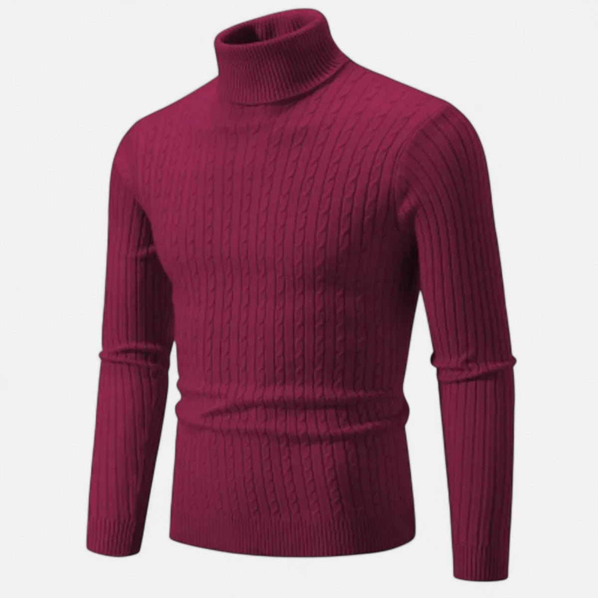 Men's cable knit turtleneck sweater with long sleeves and ribbed trims