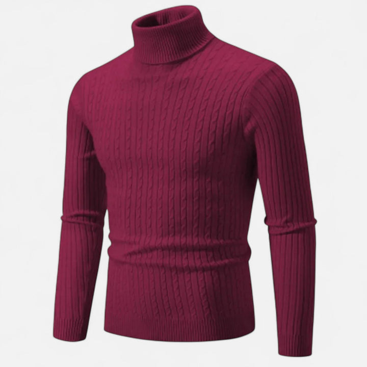 Men's cable knit turtleneck sweater with long sleeves and ribbed trims