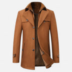 Men's long coat with stand collar, zip and button front, and multiple pockets
