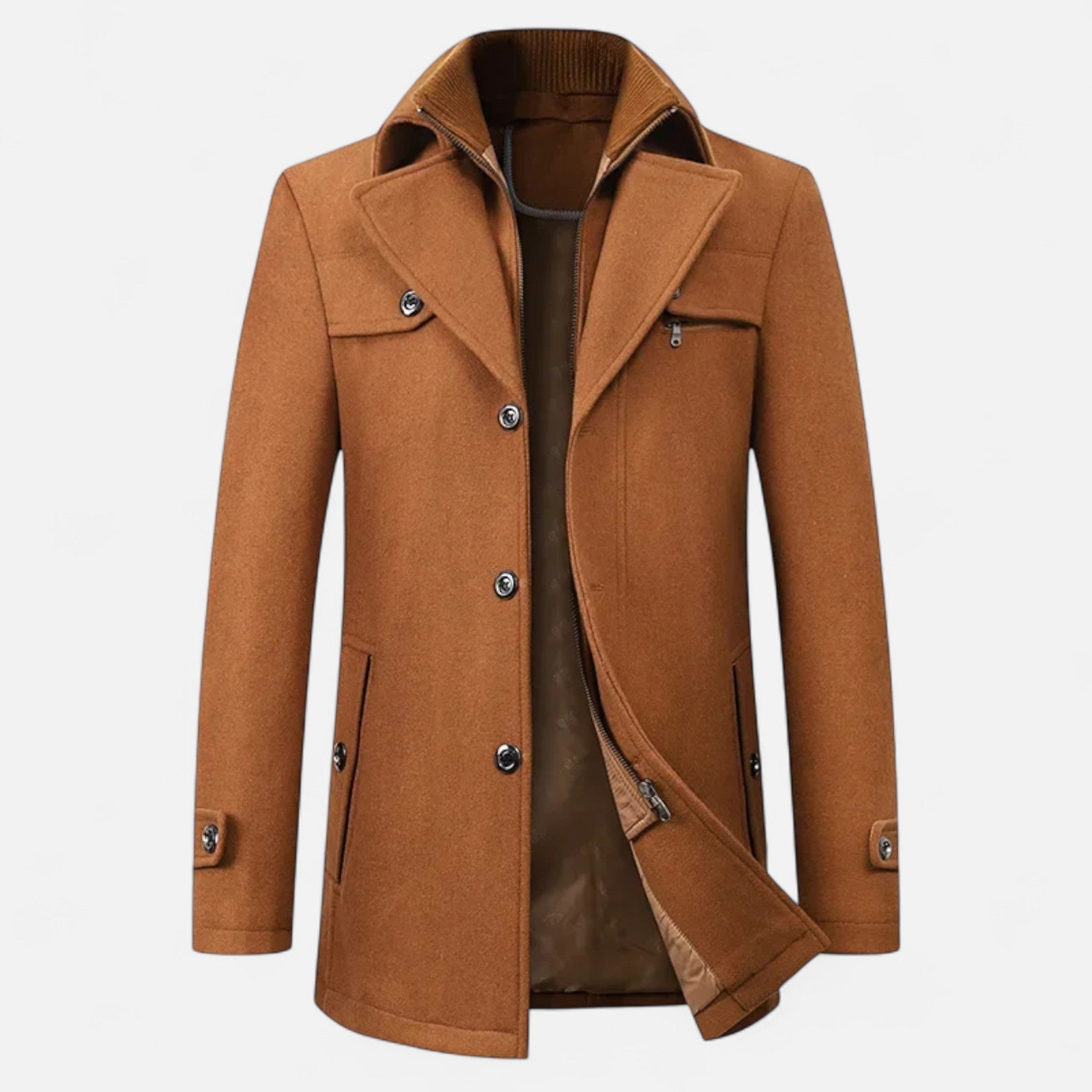 Men's long coat with stand collar, zip and button front, and multiple pockets
