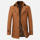 Men's long coat with stand collar, zip and button front, and multiple pockets