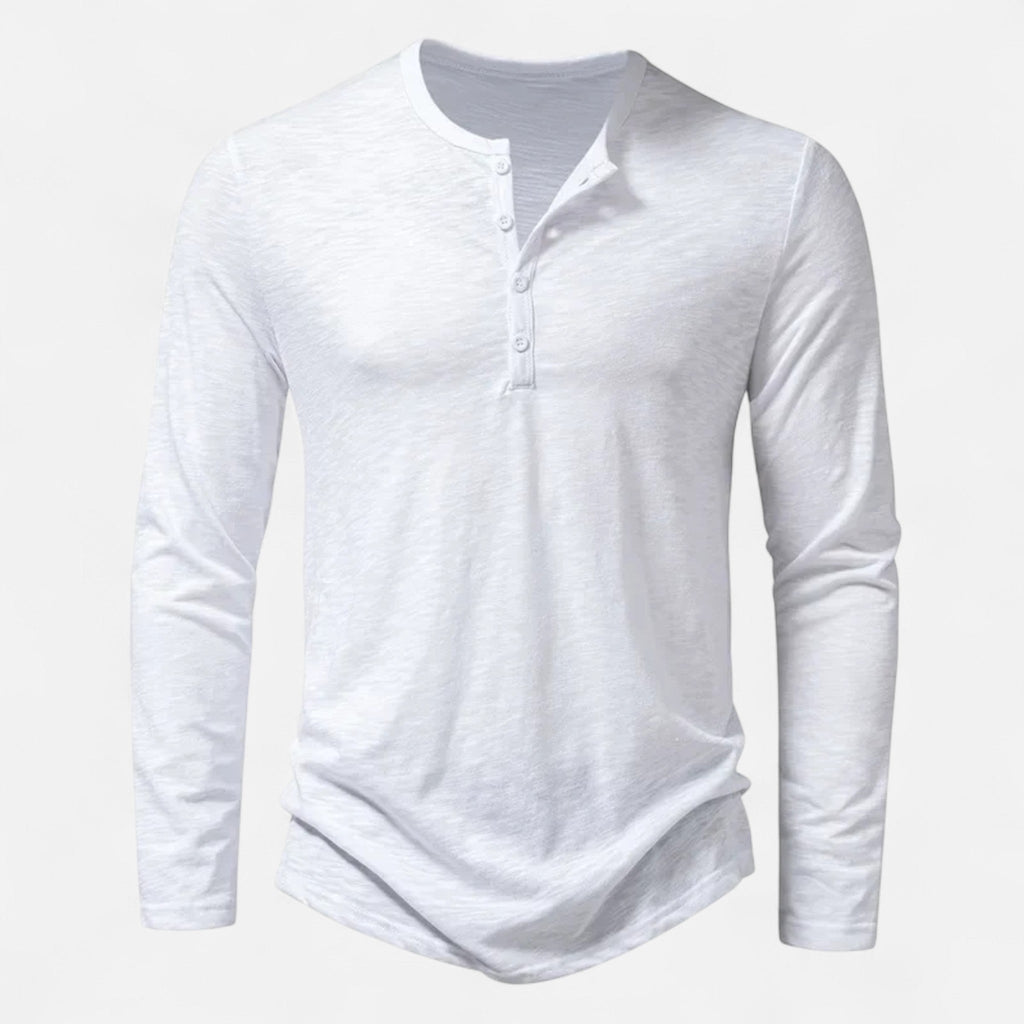 Men's long sleeve Henley shirt with split neckline, button placket and curved hem