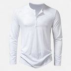 Men's long sleeve Henley shirt with split neckline, button placket and curved hem