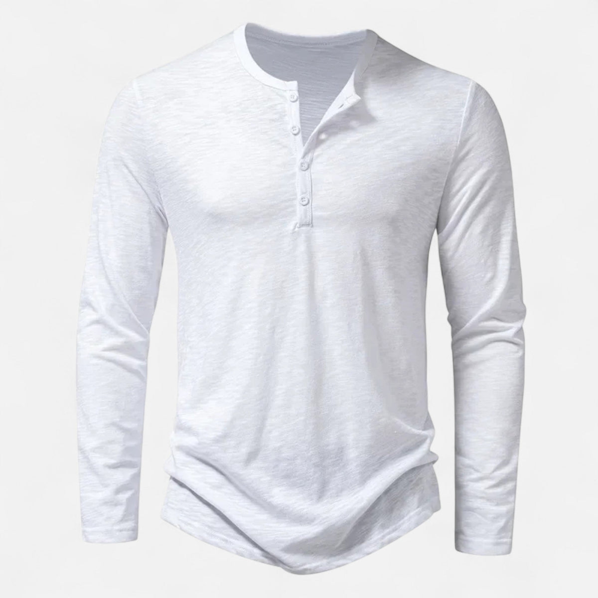 Men's long sleeve Henley shirt with split neckline, button placket and curved hem