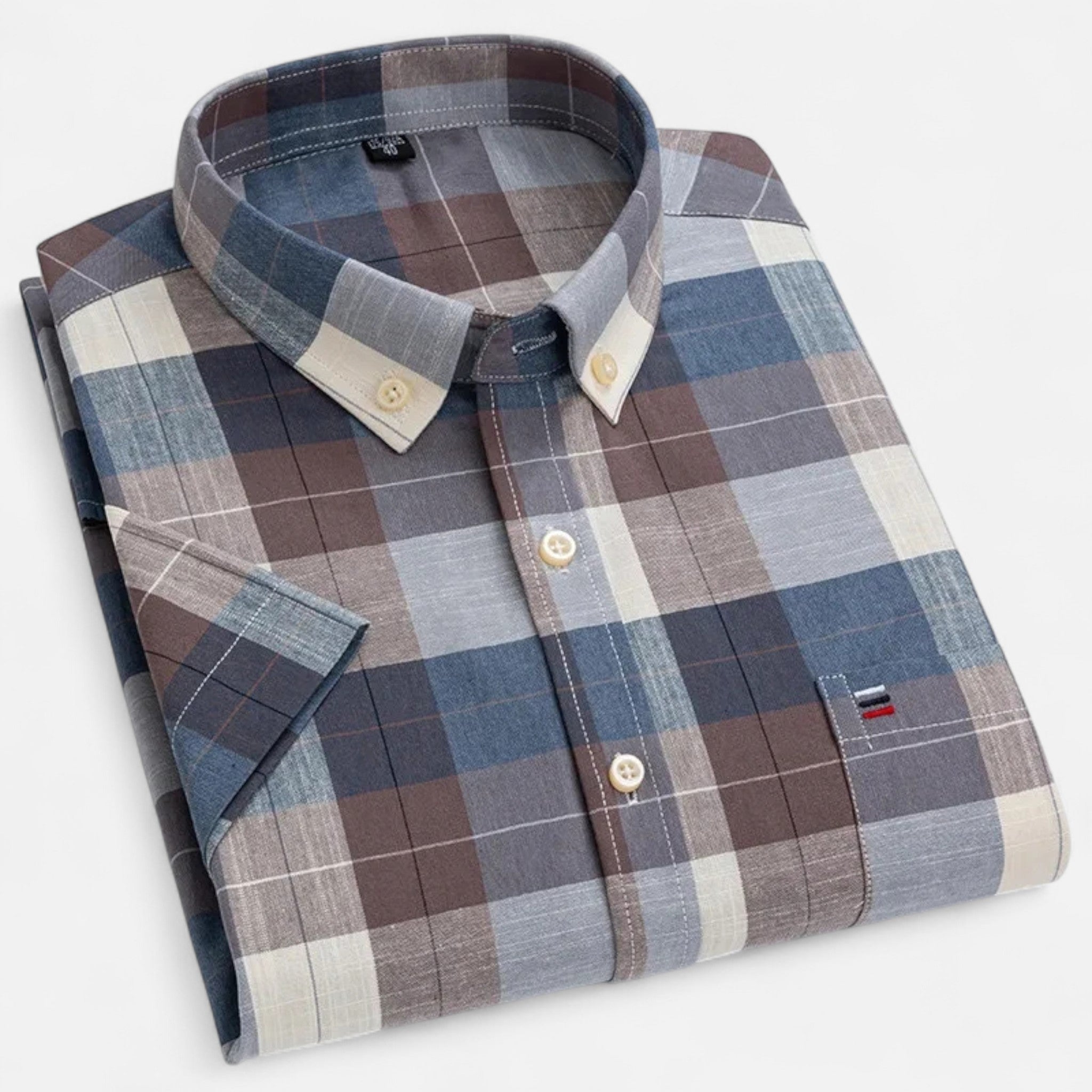 Men's short sleeve gingham shirt with button-down collar