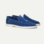 Men's suede yacht loafers with moc toe stitching and flat soles