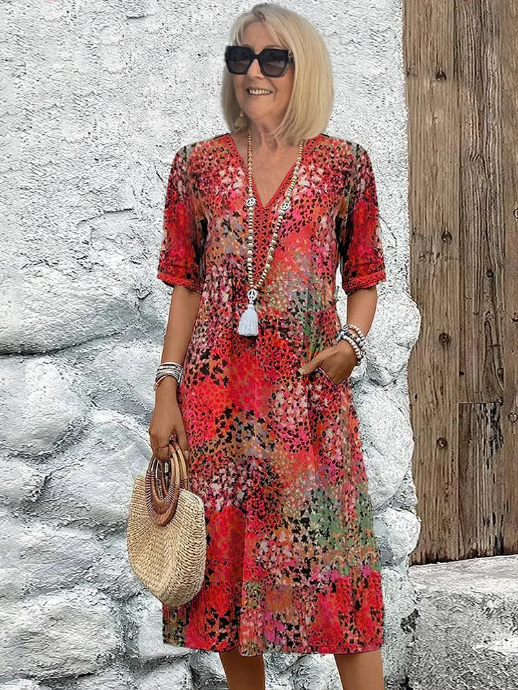Women's multicoloured floral midi dress with V-neck, short sleeves and pockets